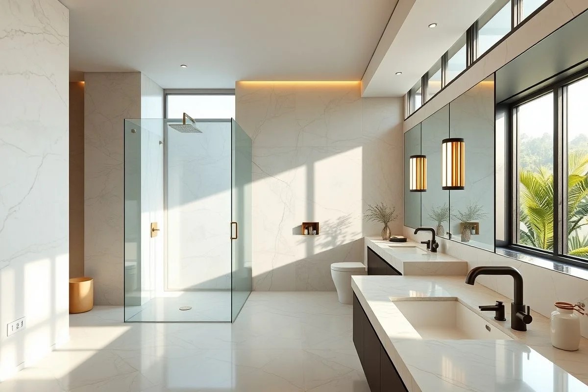 Banheiro moderno com box Blindex transparente e iluminação suave