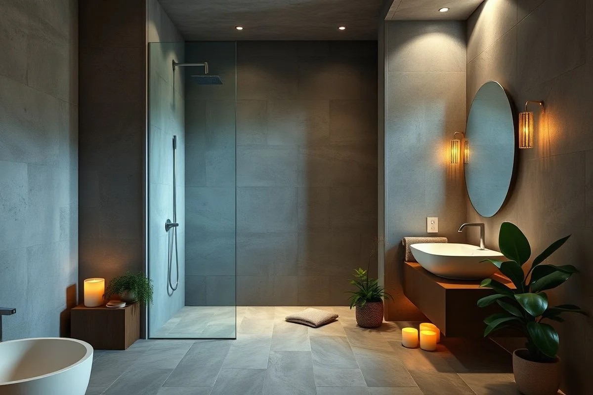 Banheiro luxuoso com paredes de cimentício e ambiente relaxante.
