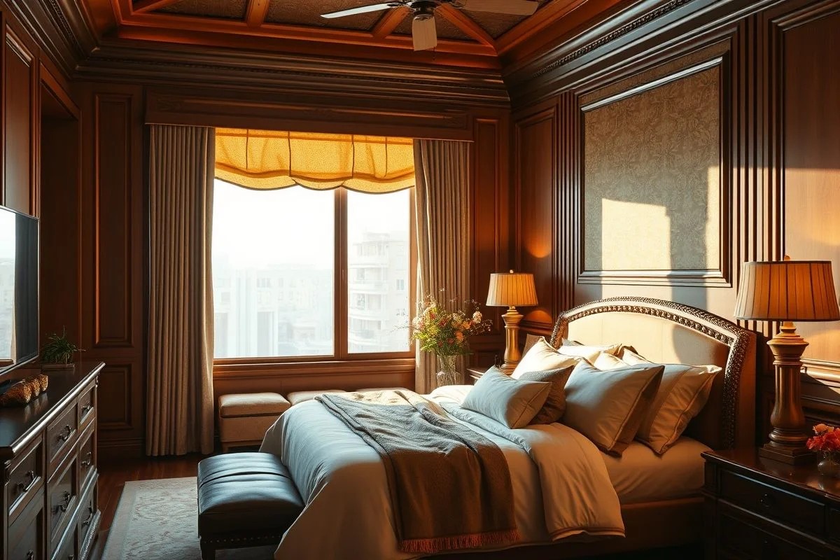 Quarto brasileiro luxuoso com persiana romana floral e iluminação suave.