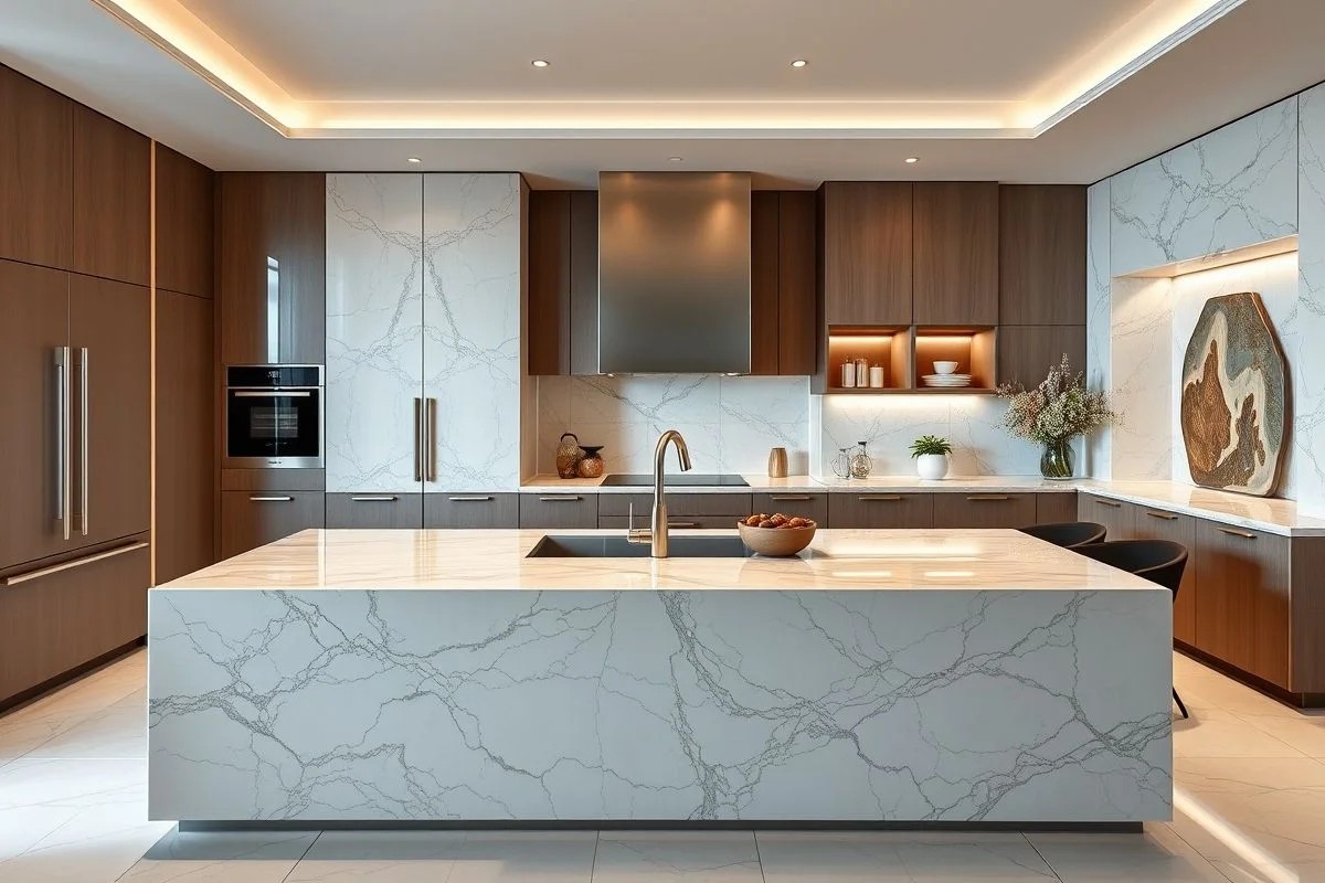 Cozinha brasileira luxuosa com bancada de mármore e eletrodomésticos modernos.