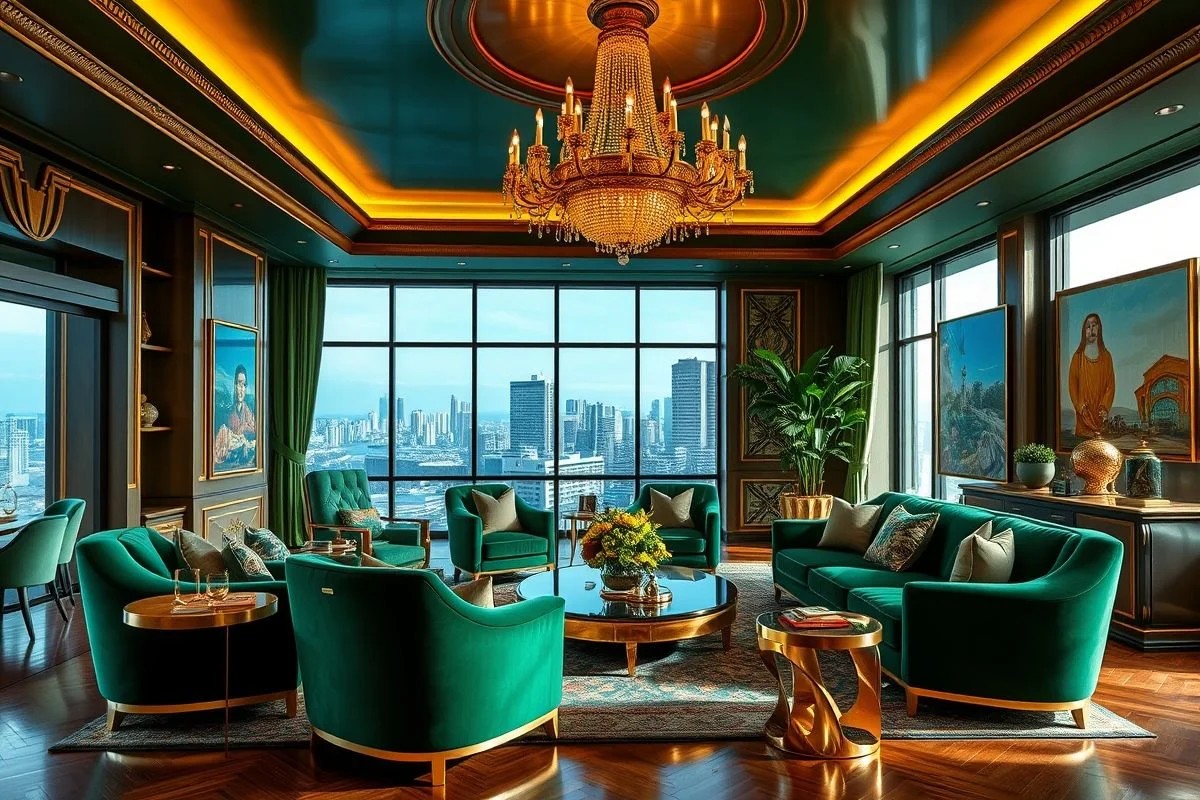 Sala de estar luxuosa com poltronas verde-esmeralda, detalhes em dourado e iluminação dramática.