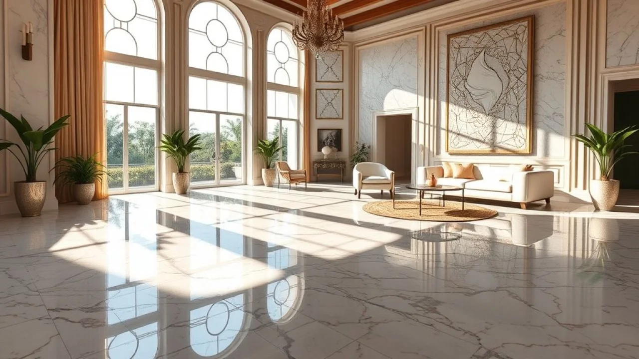 Piso de mármore restaurado brilhando em sala de estar luxuosa no Brasil.