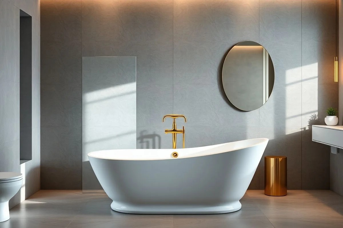 Banheiro cinza luxuoso com banheira branca e detalhes dourados