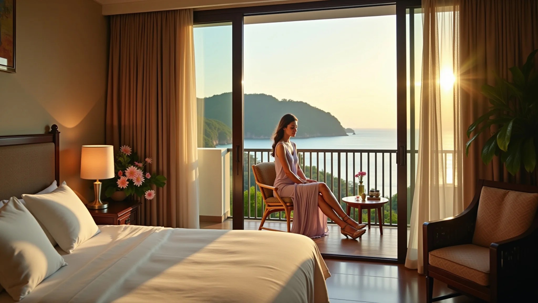 Suíte de luxo no Brasil com vista para o mar e mulher relaxando na varanda.