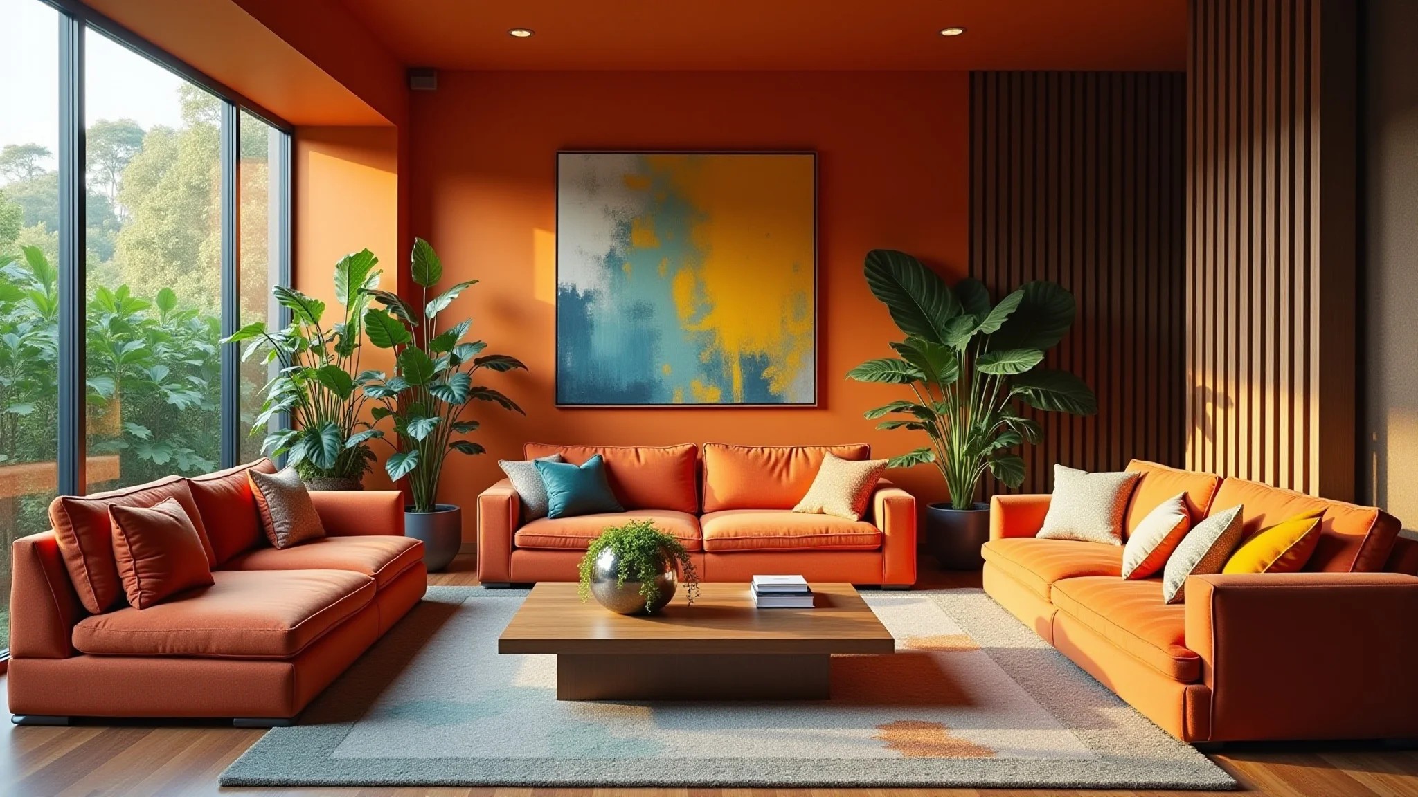 Sala de estar luxuosa com design brasileiro, cores vibrantes e iluminação natural.