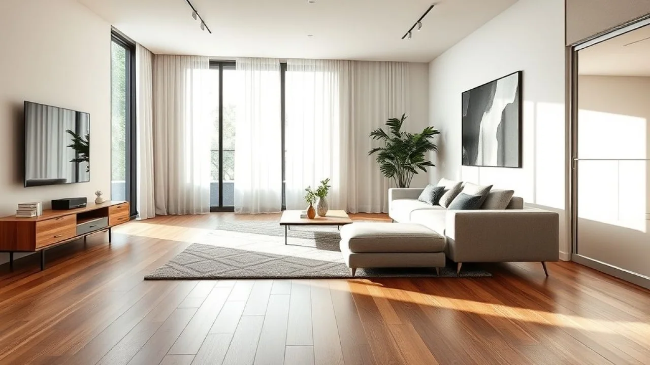 Sala de estar moderna com piso vinílico imitando madeira, iluminação natural e design minimalista brasileiro.