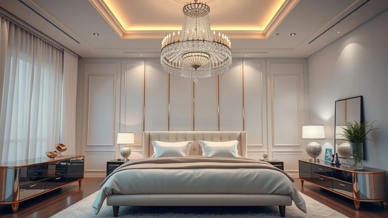 Quarto de casal luxuoso com lustre de cristal, ambiente romântico e aconchegante.
