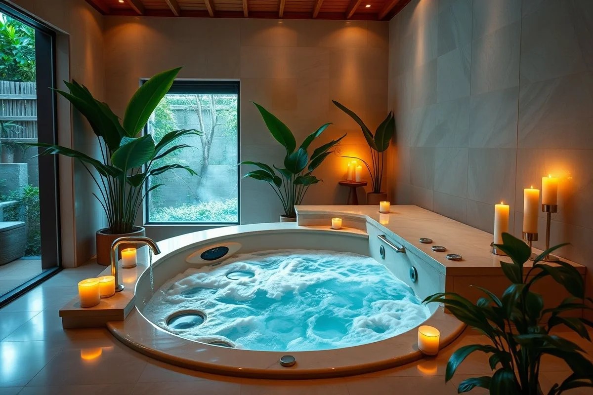 Jacuzzi moderna em banheiro de luxo, ambiente relaxante com velas e plantas.