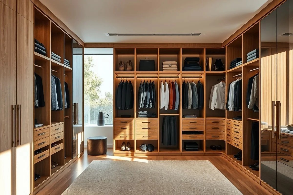 Guarda roupa planejado embutido, design moderno e luxuoso, madeira e vidro
