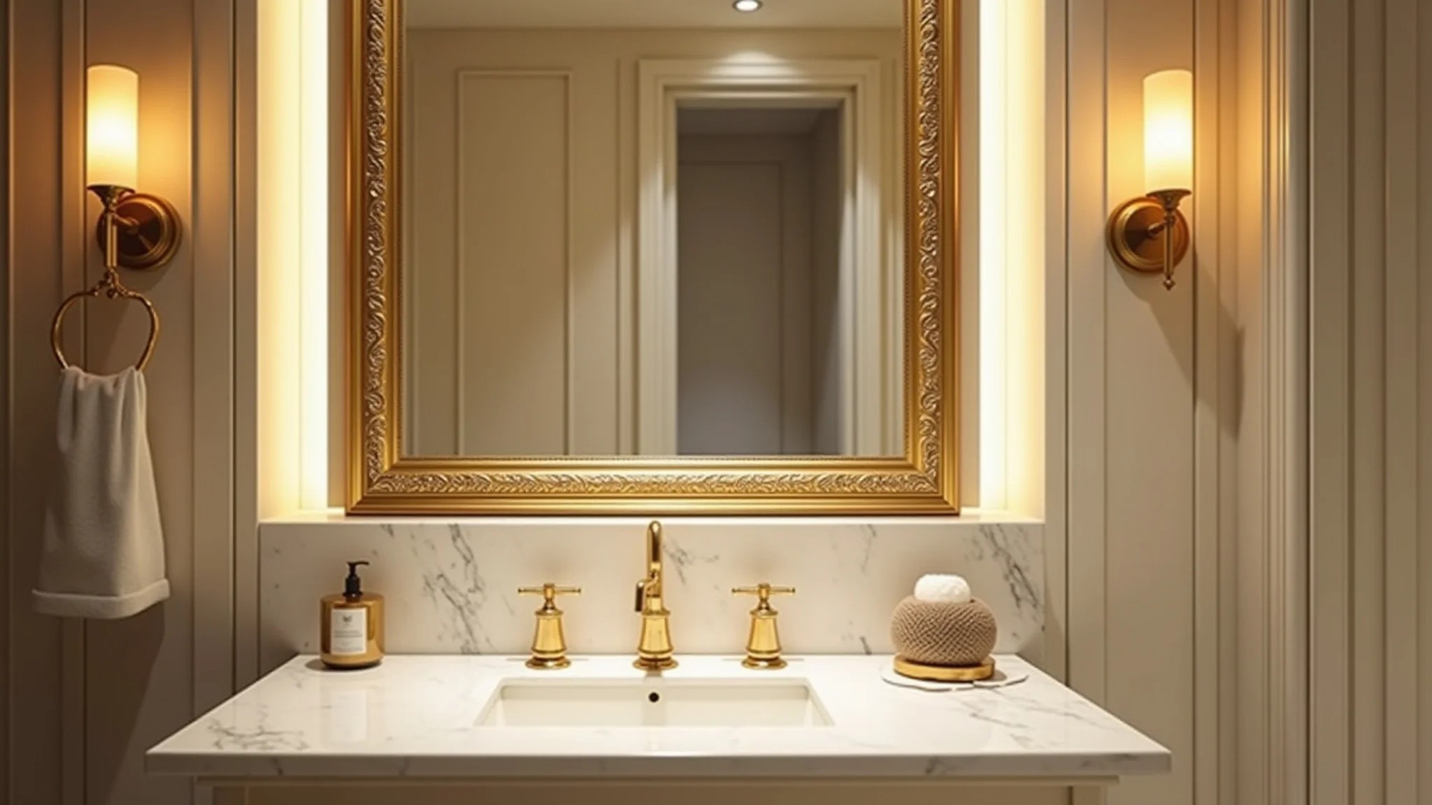 Banheiro luxuoso com detalhes dourados, iluminação quente e mármore branco.