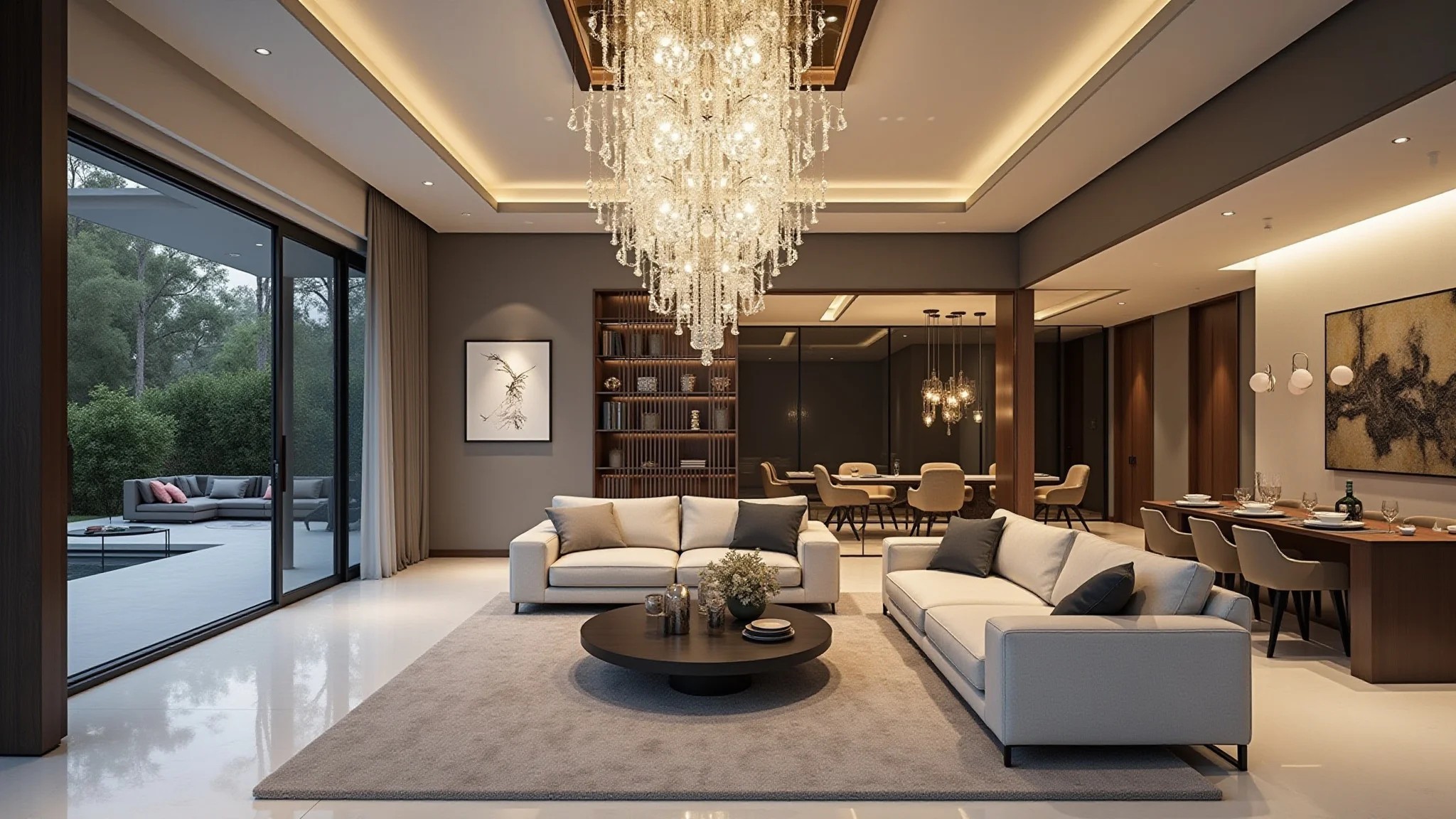 Sala de estar luxuosa com lustre de cristal imponente e pé direito duplo.