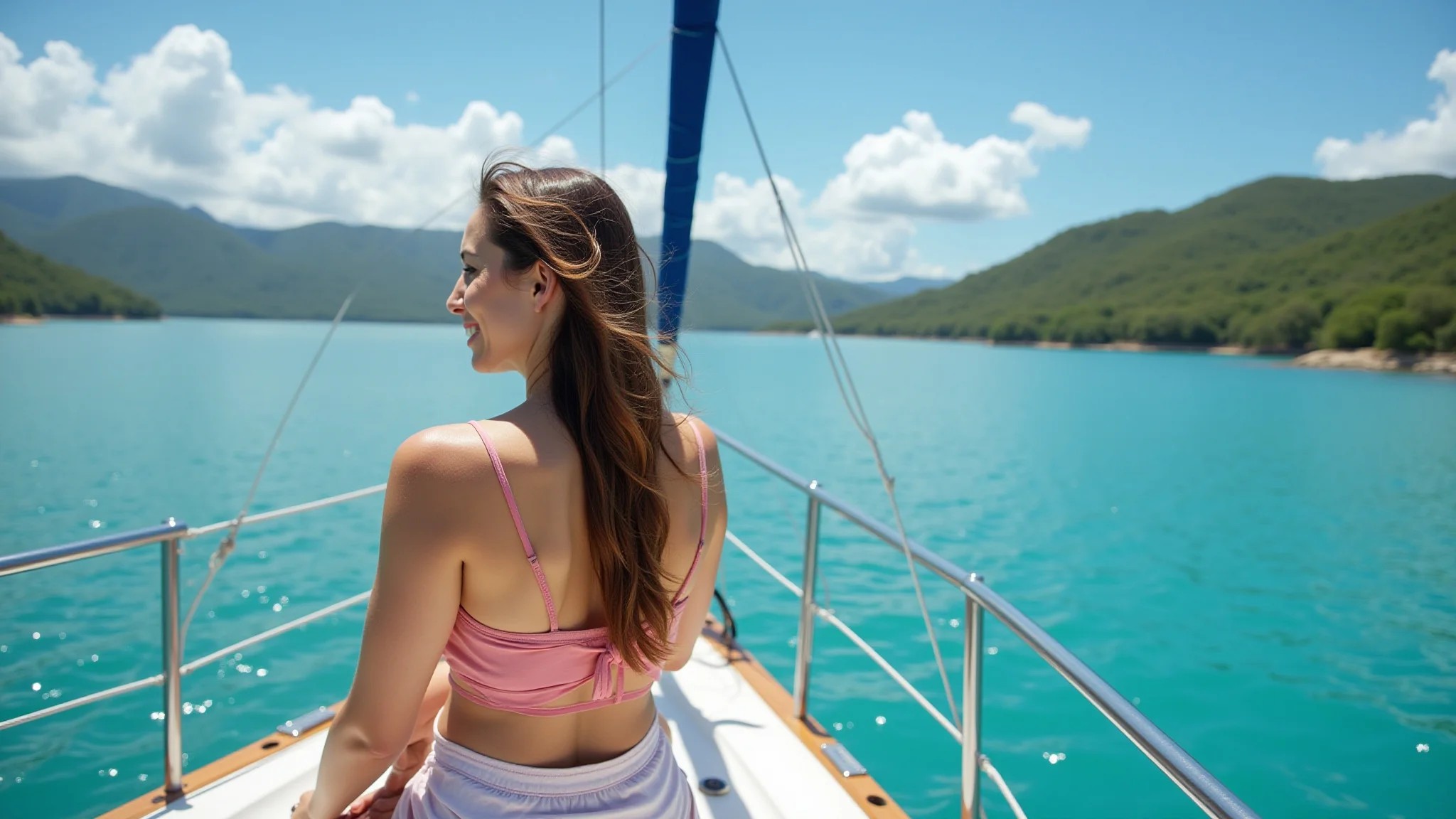 Mulher aproveitando a vista em um iate de luxo navegando em Angra dos Reis.