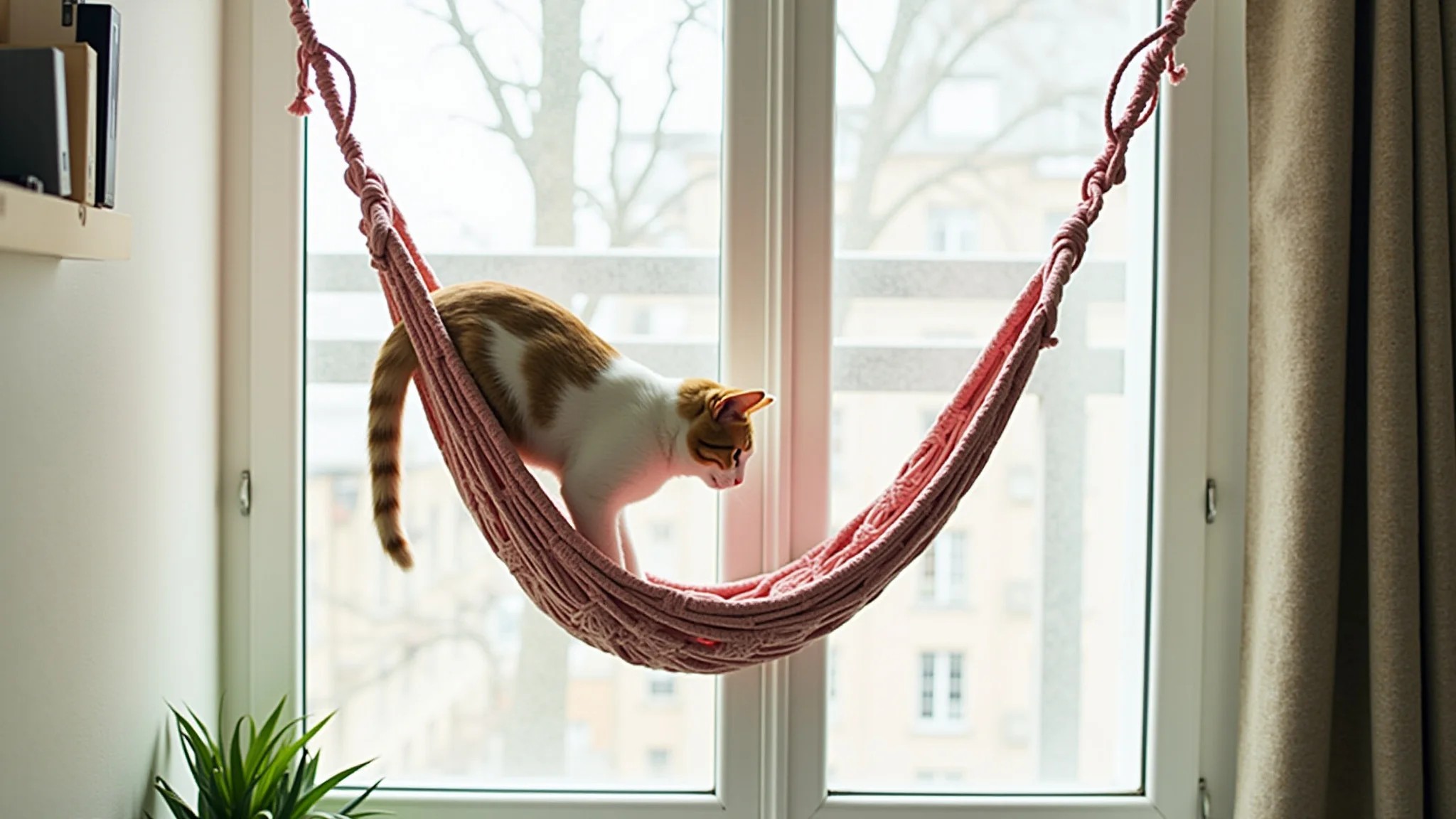 Cama de gato suspensa de macramê em decoração boho, luz natural.