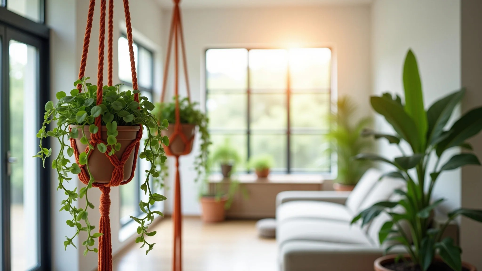 Vasos suspensos de macramê com plantas pendentes em sala iluminada.