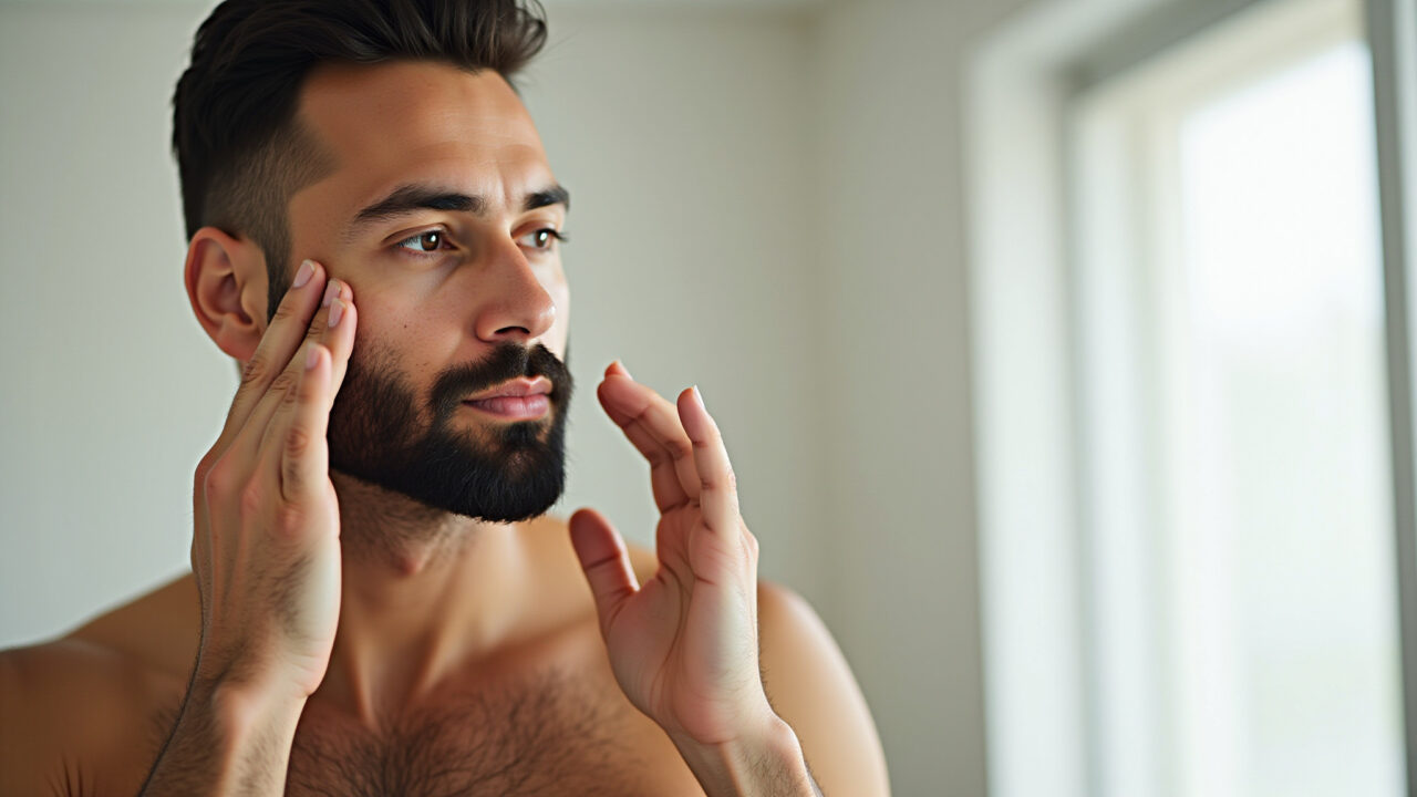 Homem aplicando óleo de rícino na barba para estimular o crescimento.
