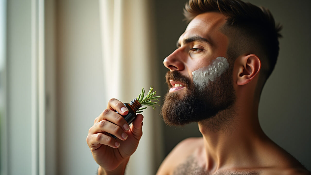 Óleo de alecrim na barba: para uma barba mais cheia e forte.