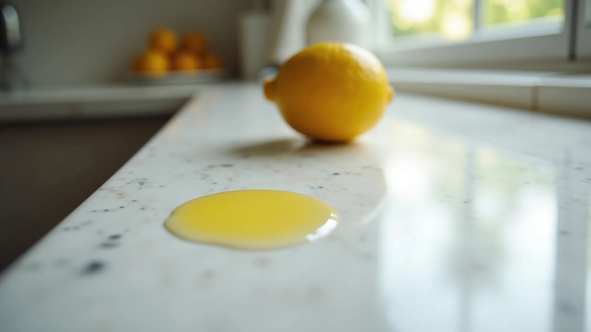 Bancada de mármore com suco de limão derramado, mostrando possível dano.