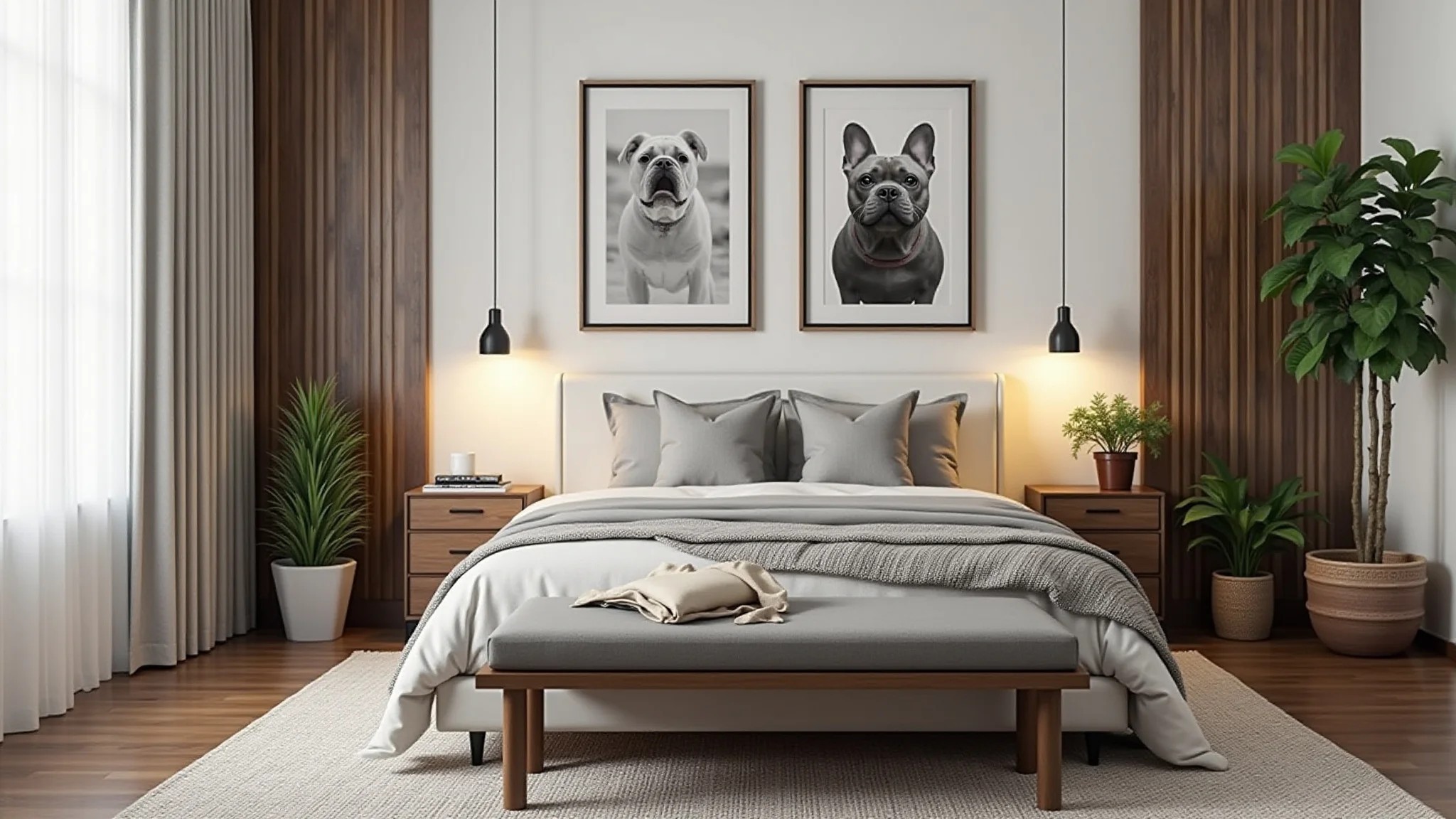 Acessórios de quarto masculino: quadros, almofadas, tapetes e plantas.