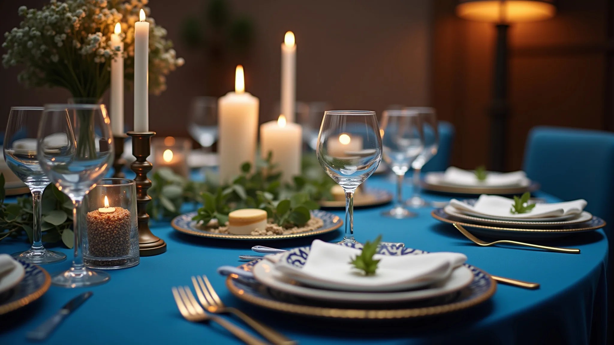 Mesa de convidados para aniversário masculino com toalha azul e velas.