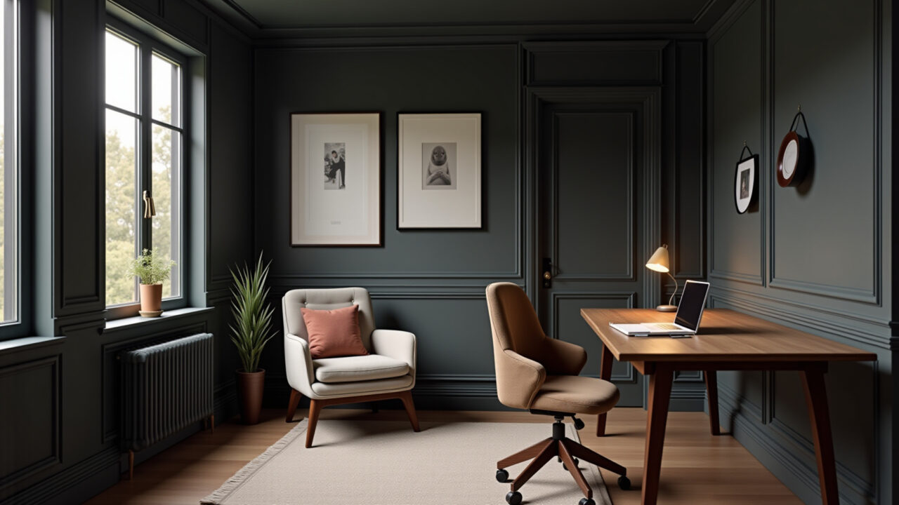 Quarto de hóspedes masculino com cores escuras e objetos práticos.