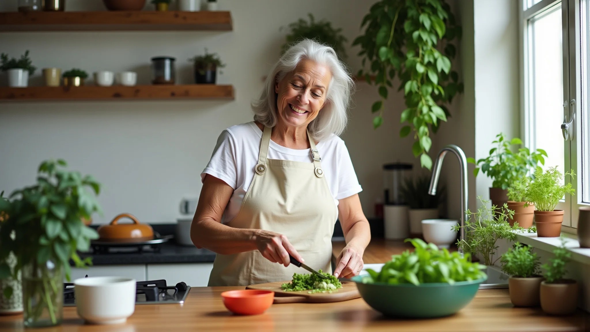 Mulher preparando pesto em cozinha brasileira com manjericão fresco da horta na janela.