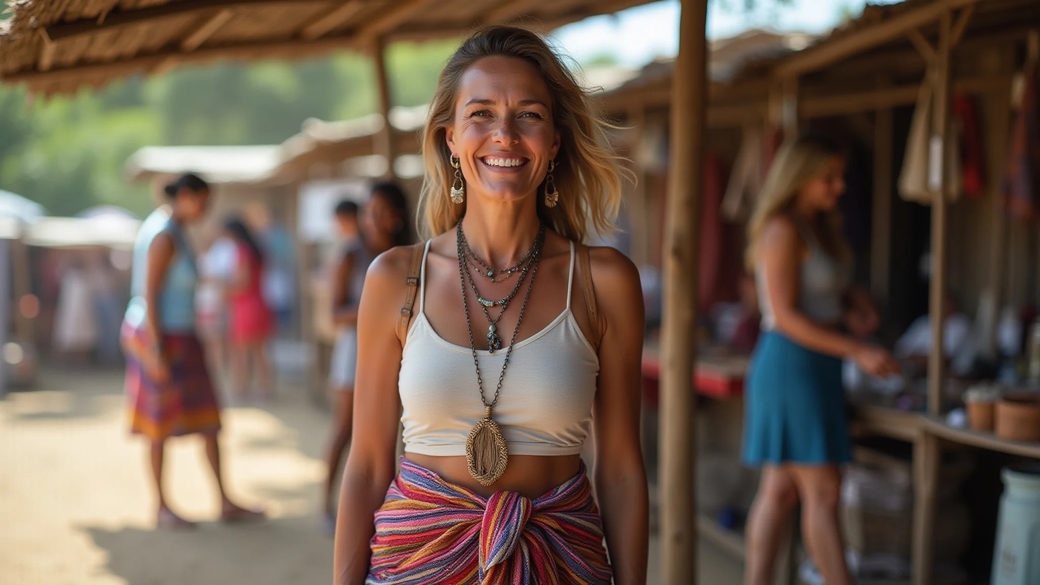 Mulher madura com saia envelope longa colorida em mercado ao ar livre.