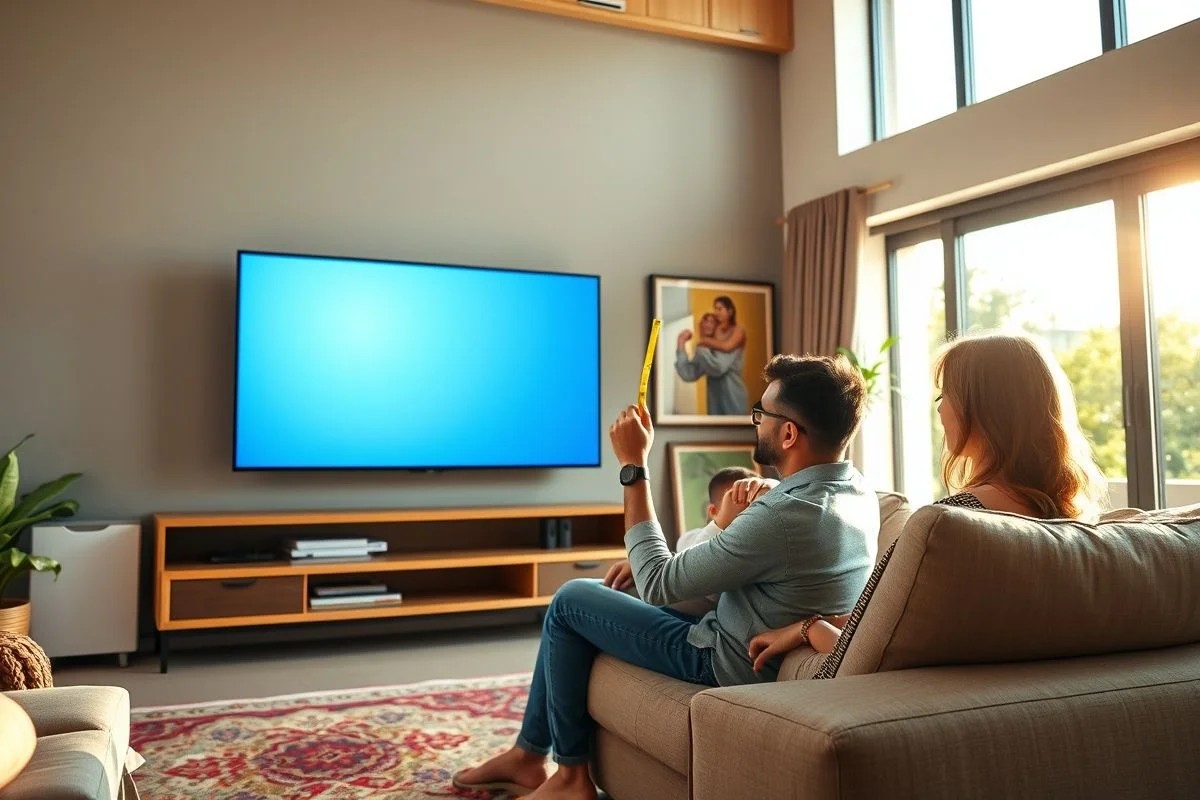 Família brasileira medindo altura da TV para ergonomia e conforto.