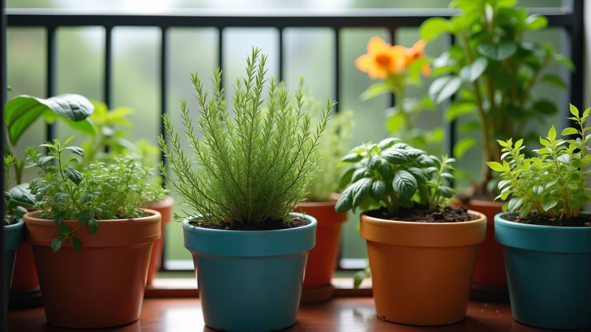 Horta medicinal em vasos coloridos na varanda: alecrim, manjericão, hortelã e sálvia.