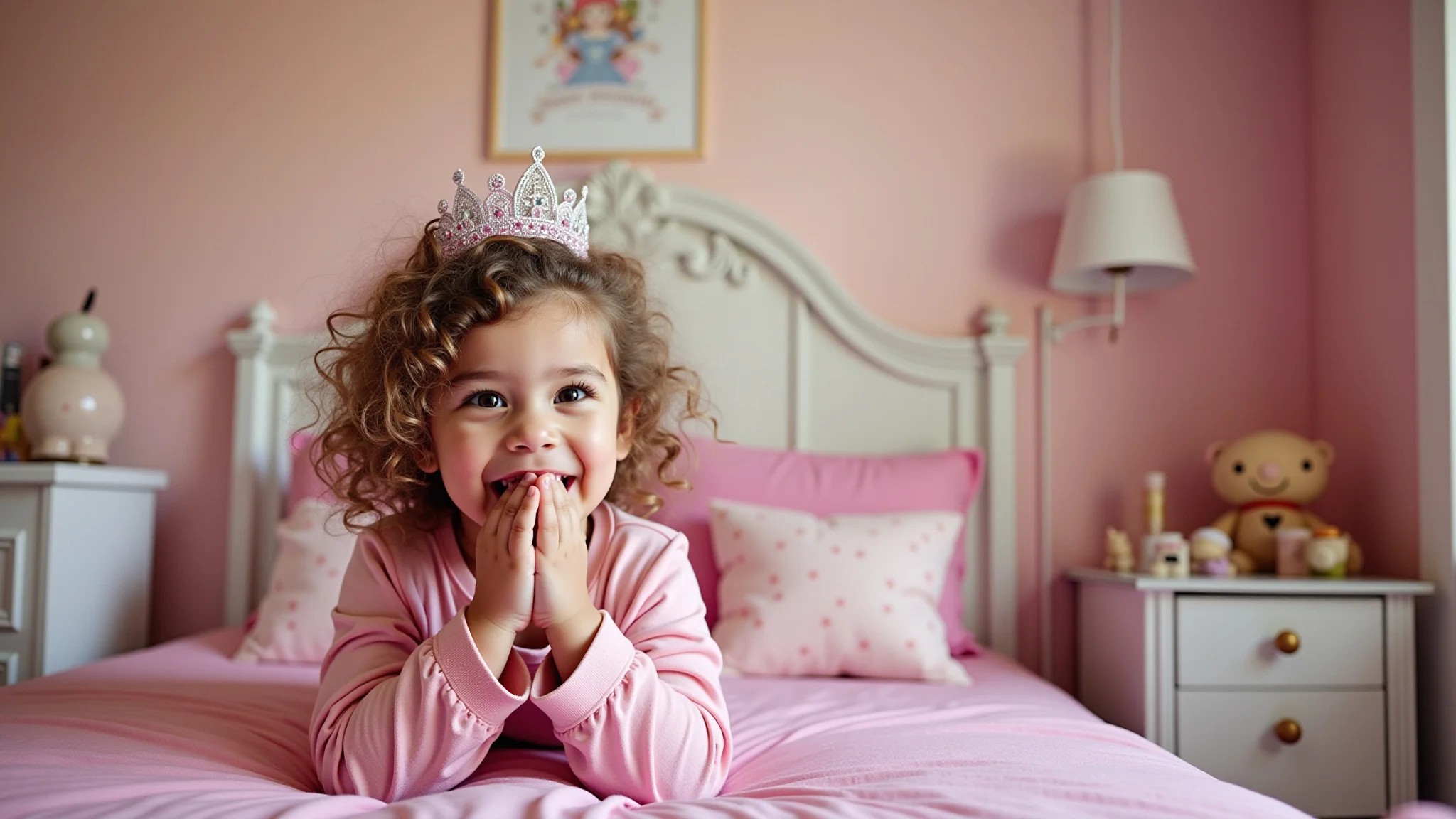 Menina feliz em quarto temático de princesas, cores alegres e móveis encantadores.
