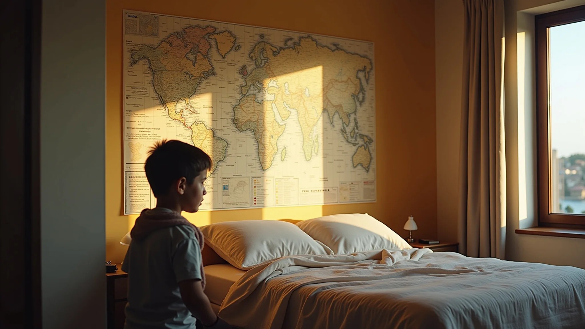 Menino concentrado lendo em quarto com papel de parede de mapa-múndi.