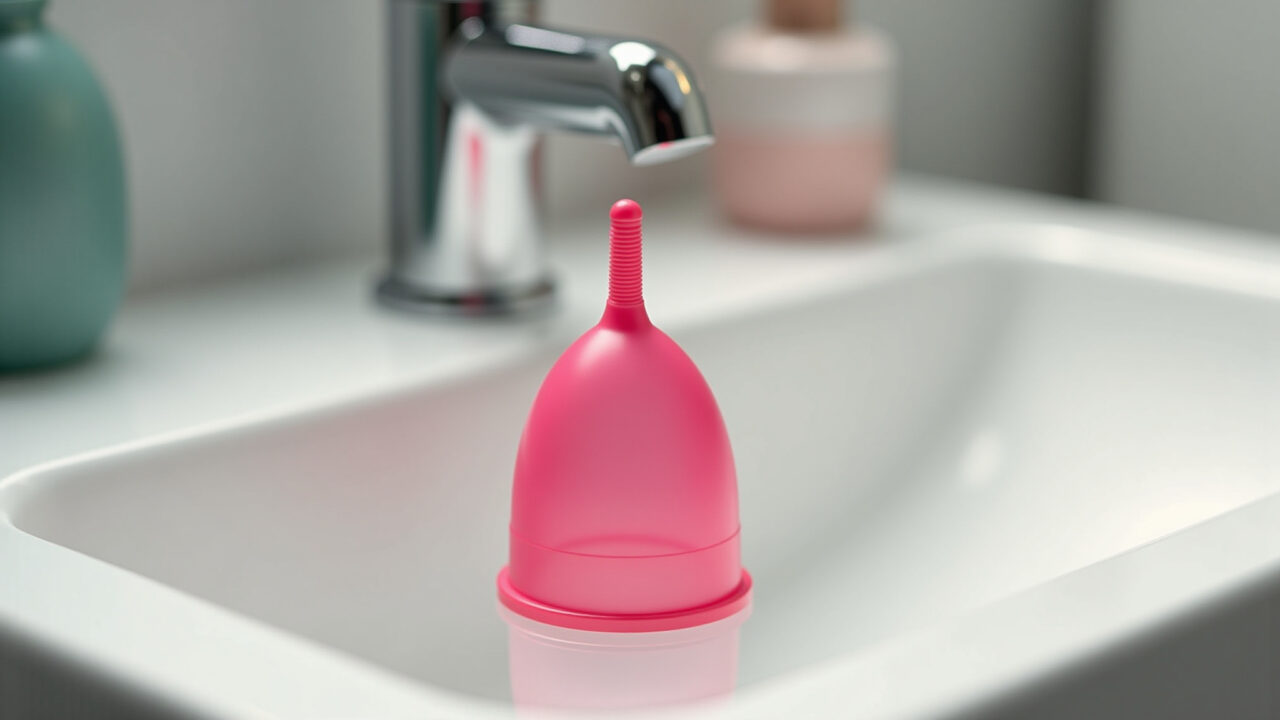 Coletor menstrual de silicone no banheiro.