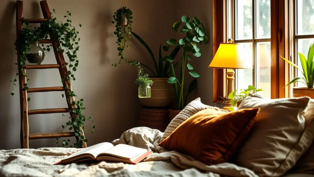 Mesa de Cabeceira Escada: Integração com Plantas e Iluminação Aconchegante