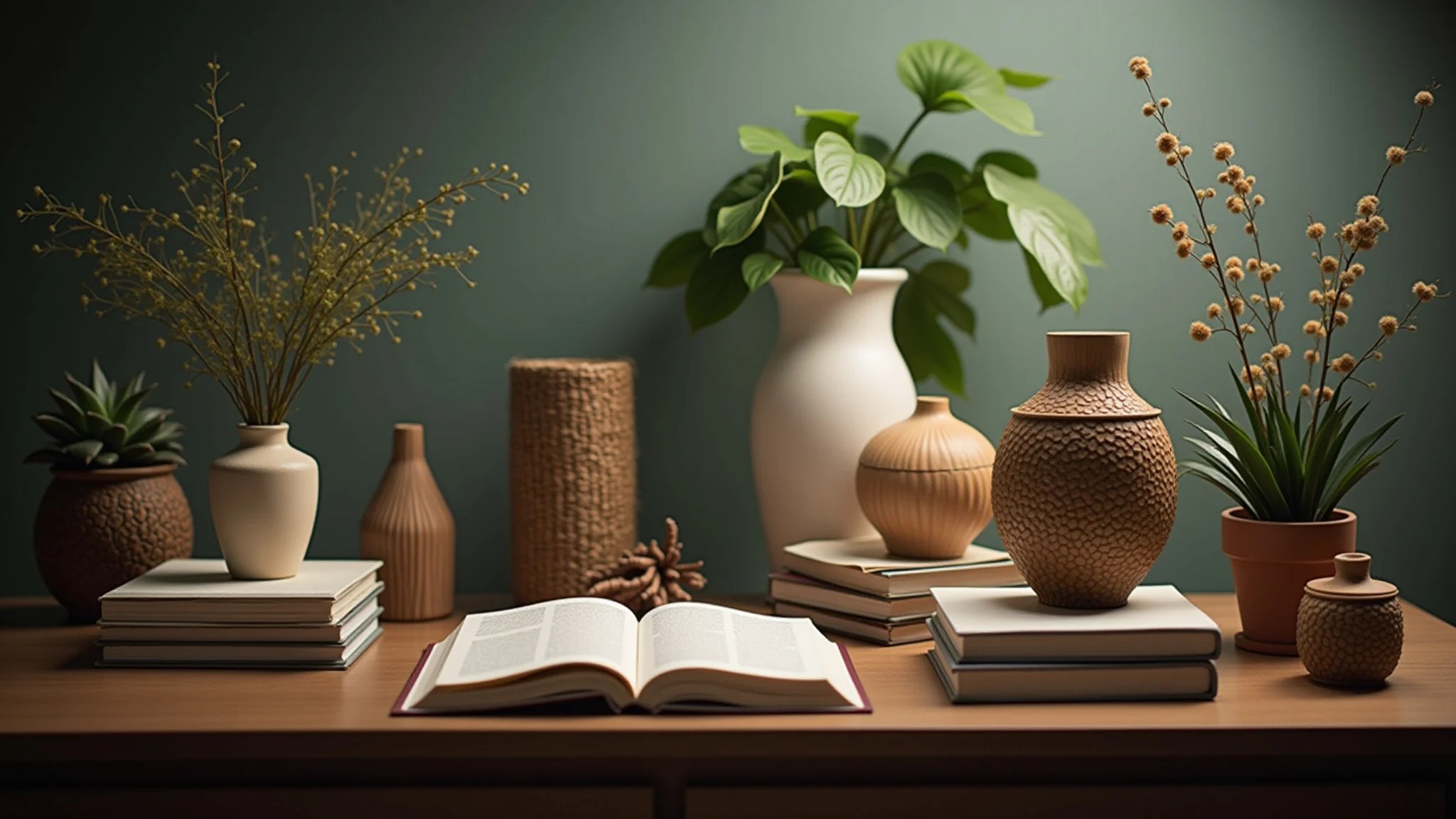 Mesa de centro com objetos decorativos, livros e plantas, mostrando diferentes texturas e materiais.