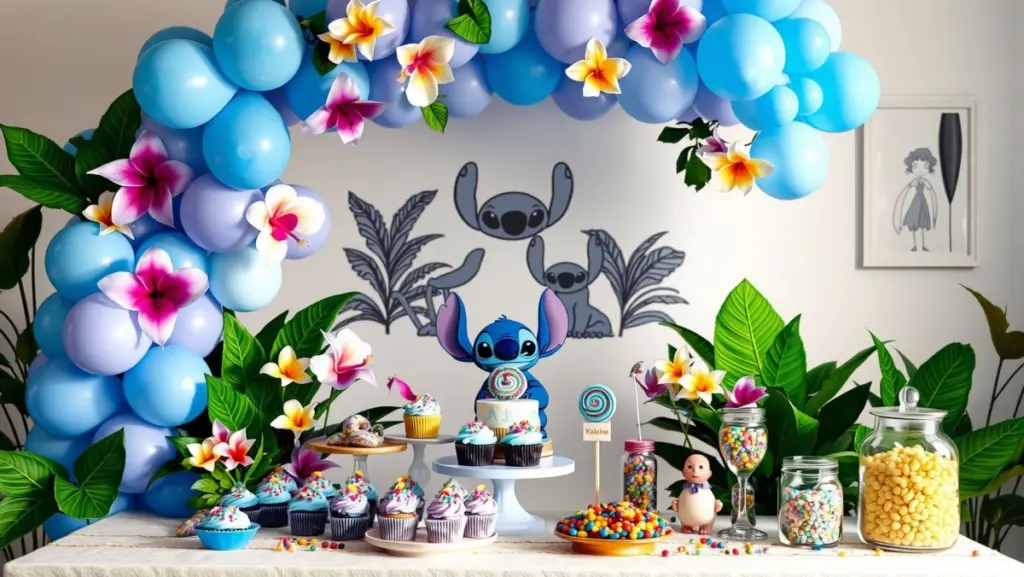 Mesa de Doces Stitch: Decoração Lúdica com Balões Orgânicos