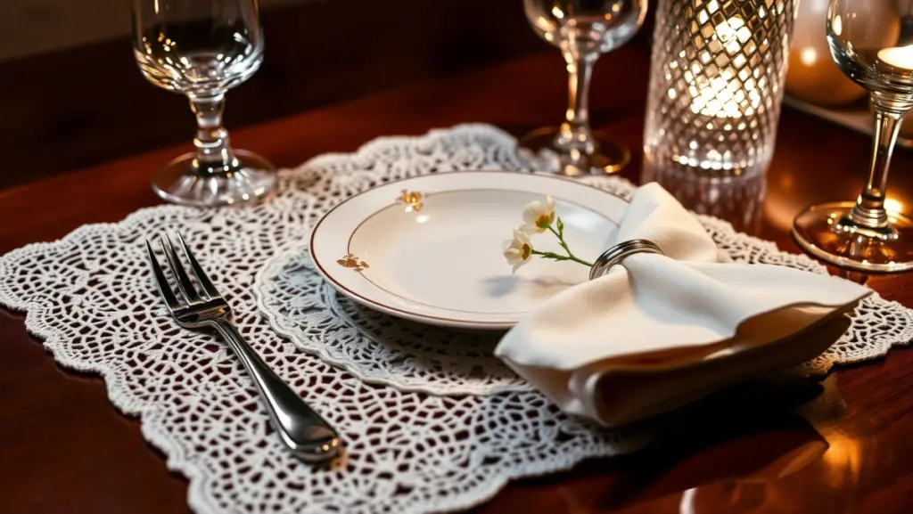 Mesa Posta Elegante: Sousplat de Crochê e Porcelana Fina
