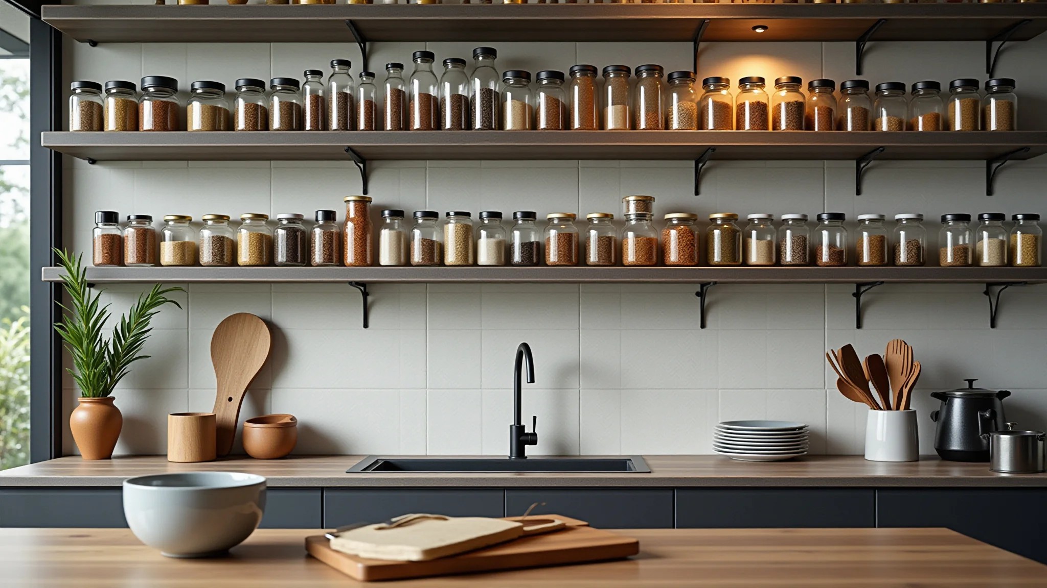 Prateleiras de metal em cozinha moderna, exibindo temperos e utensílios, estilo industrial.