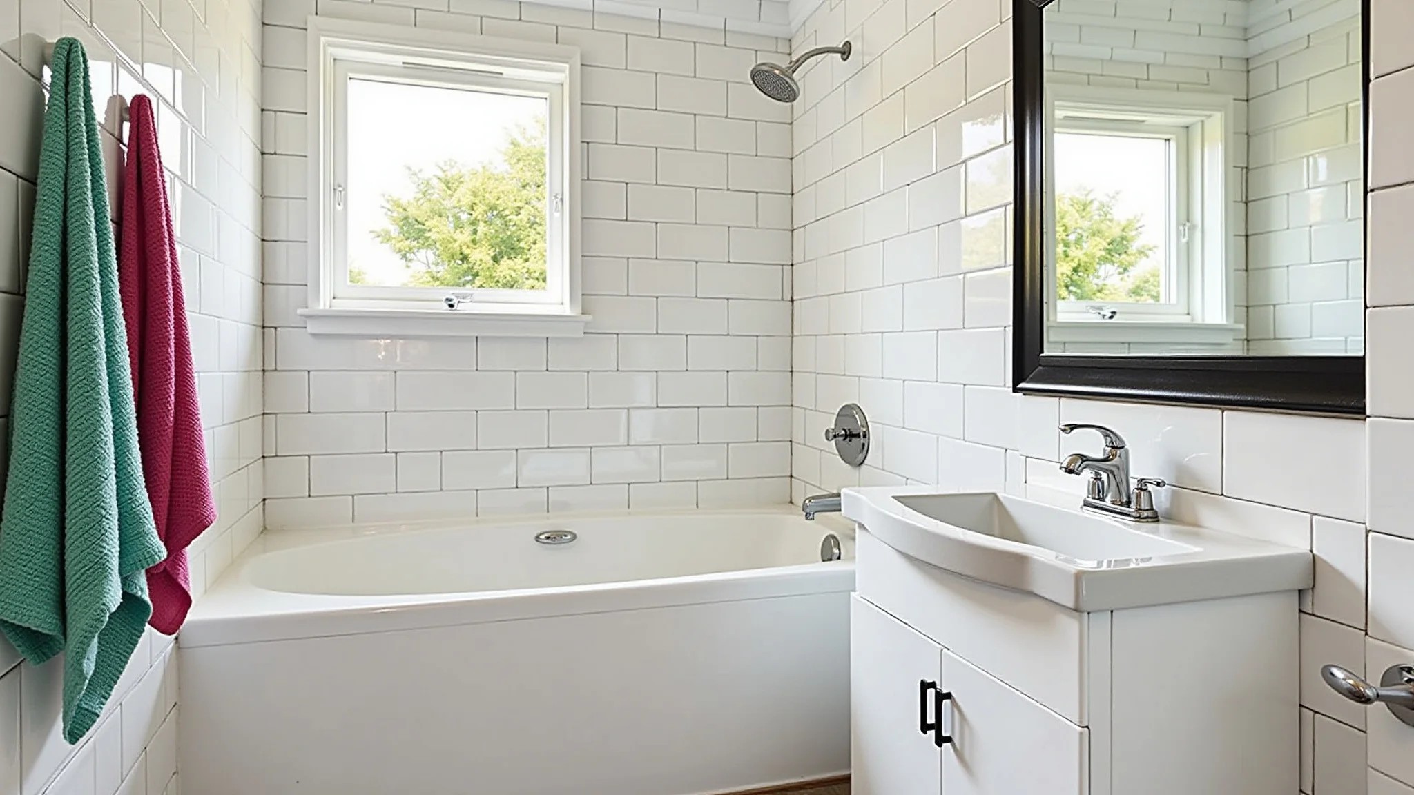 Banheiro com revestimento metro white, rejunte preto e toalhas coloridas.