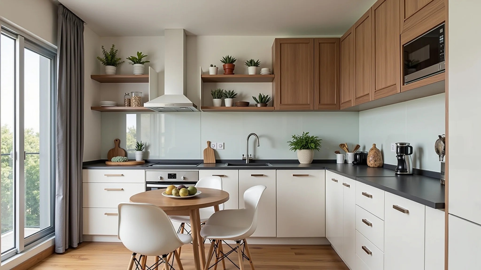 Cozinha de microapartamento organizada com prateleiras e design brasileiro.