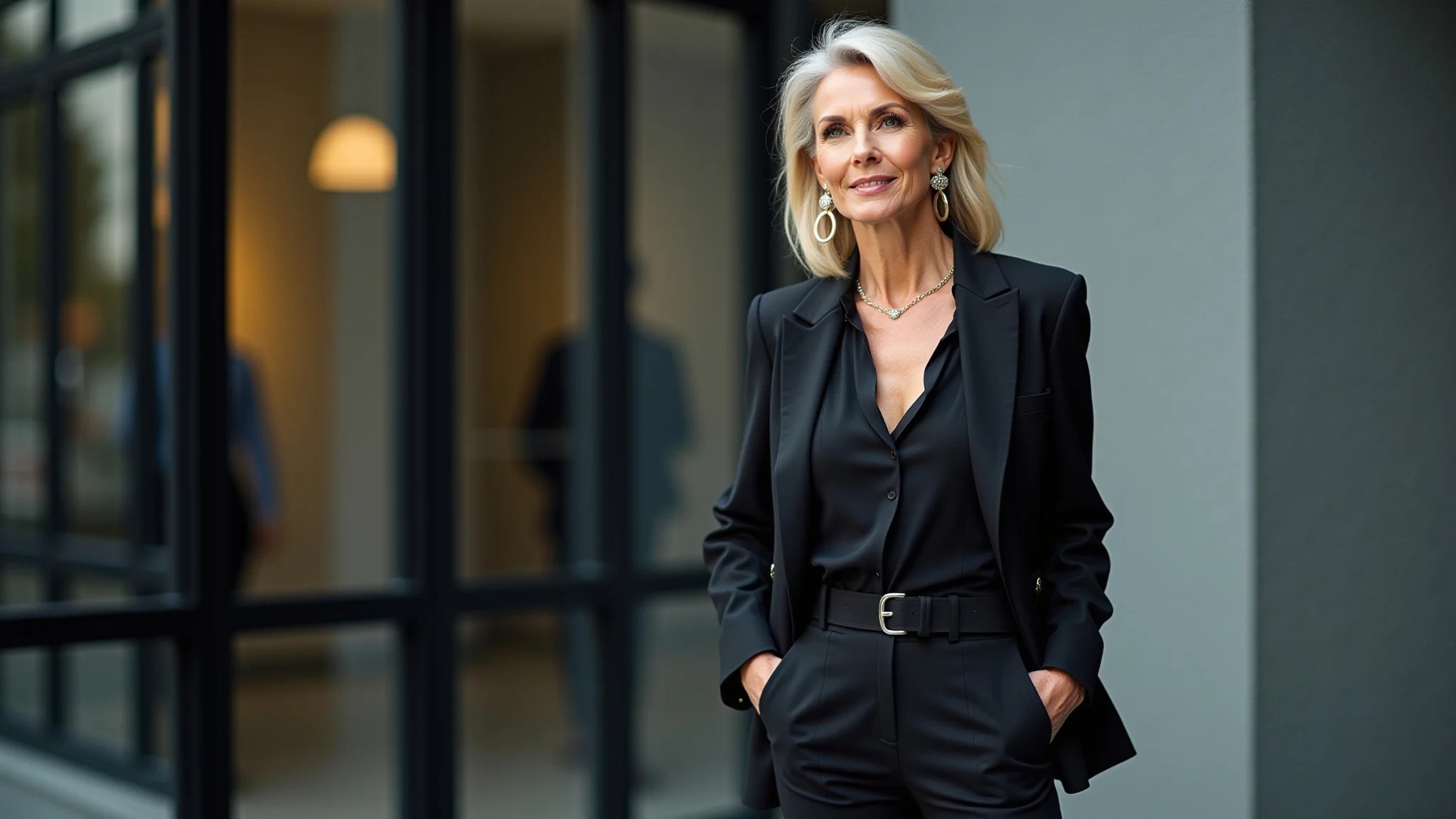 Mulher de meia-idade em macacão pantalona preto sofisticado em evento corporativo.
