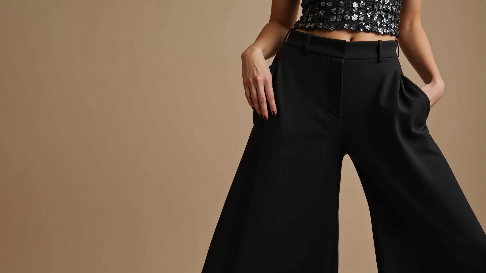 Mulher de meia-idade com calça pantalona preta e blusa de paetês em recepção de casamento.