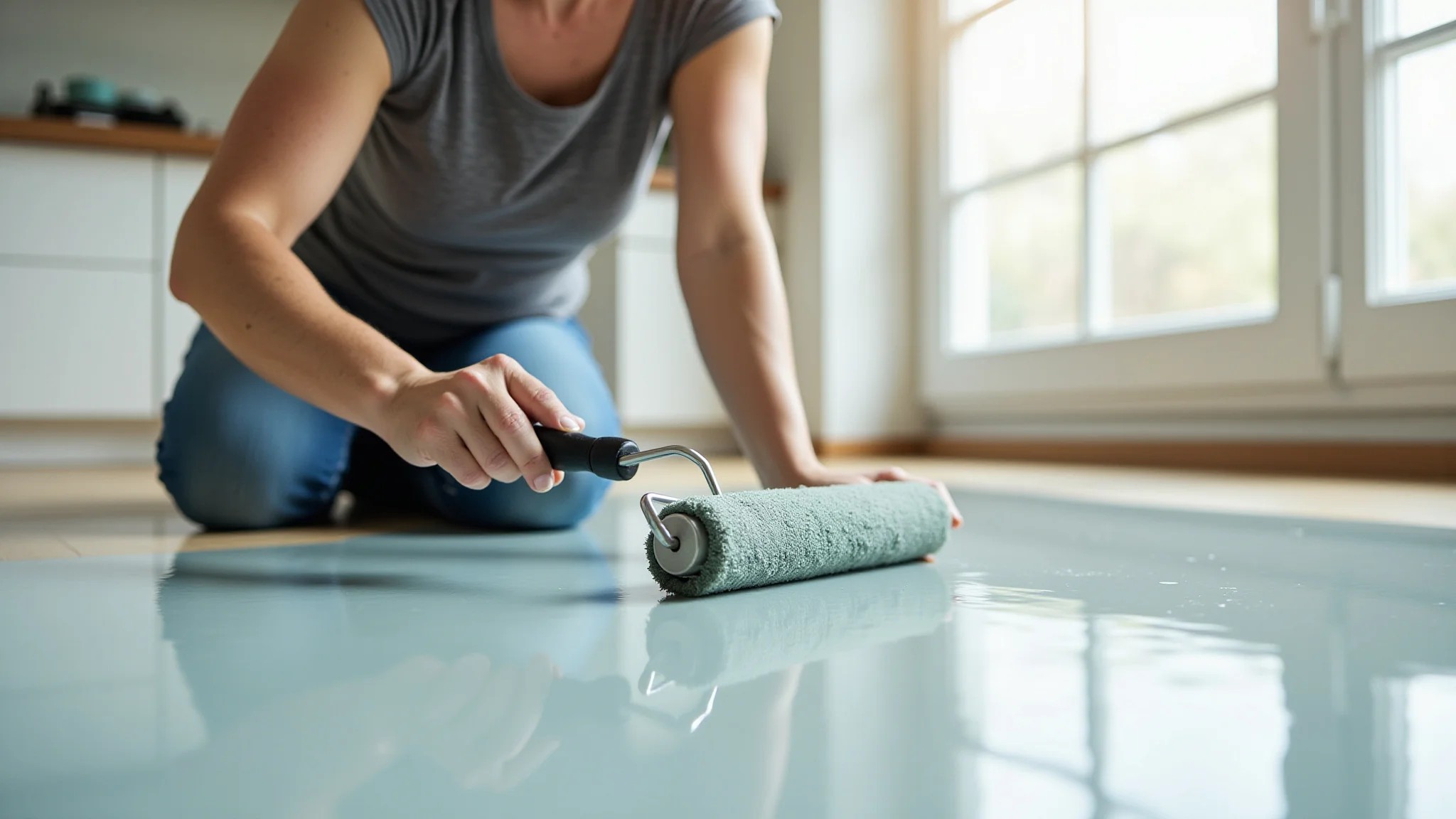 Mulher de meia-idade aplicando tinta epóxi no piso da cozinha com um rolo.