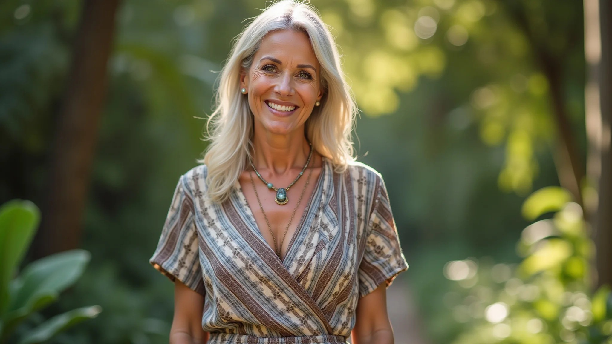 Mulher de meia-idade com vestido transpassado, sorriso confiante e joias.