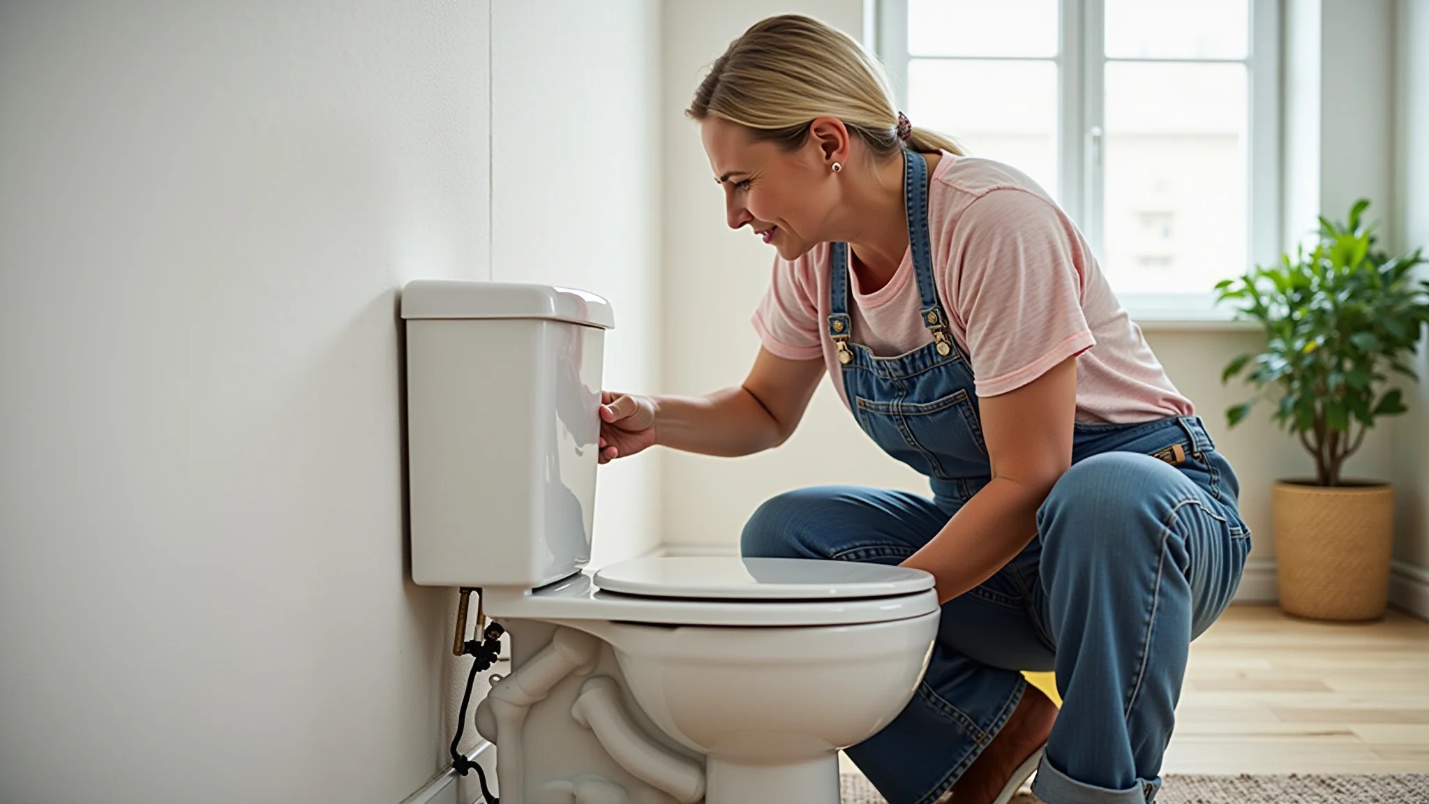 Mulher instalando um vaso sanitário com caixa acoplada.