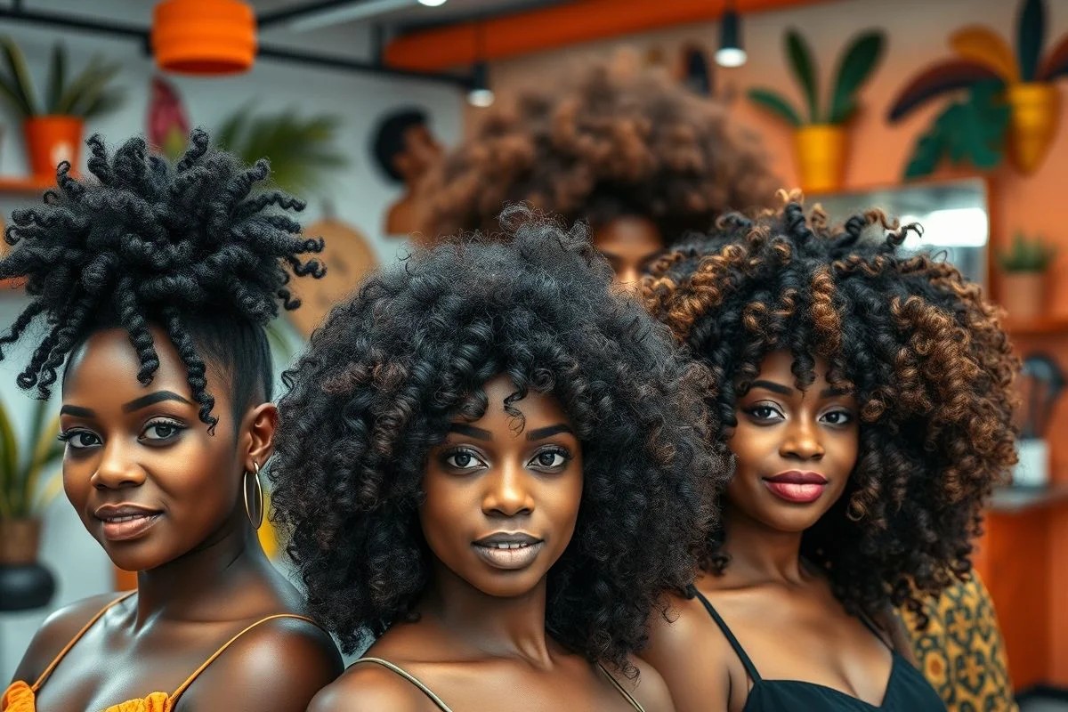 Grupo de mulheres brasileiras com diferentes tipos de cachos (3A-3C) após permanente afro.
