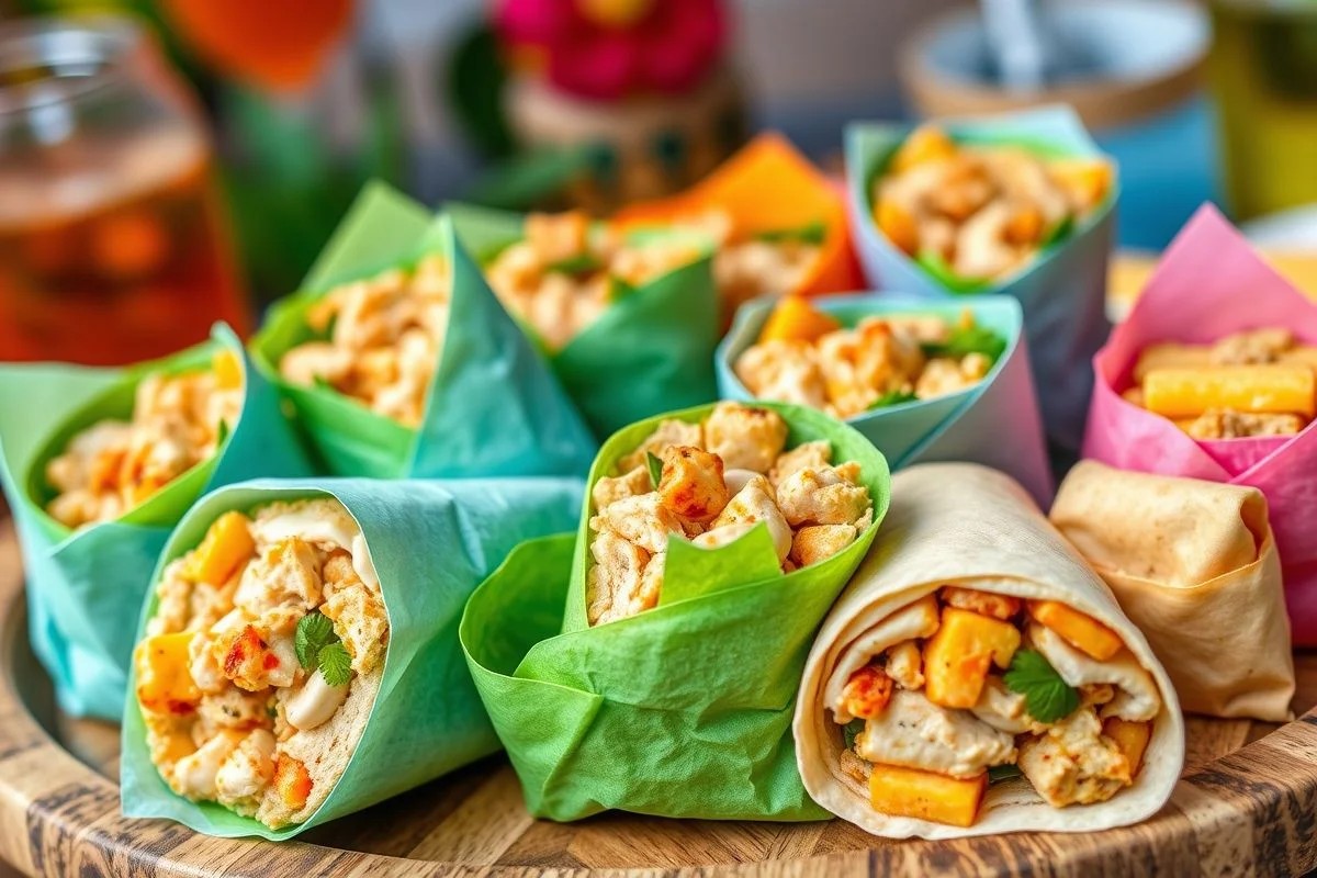 Mini sanduíches e wraps com recheios variados em uma travessa.