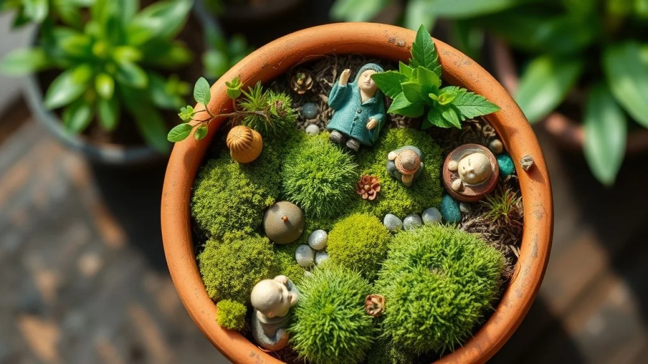 Miniature garden in a small terracotta pot, featuring tiny figurines, moss, and various small Mini jardim em vaso de terracota com miniaturas, musgo e pequenas plantas.