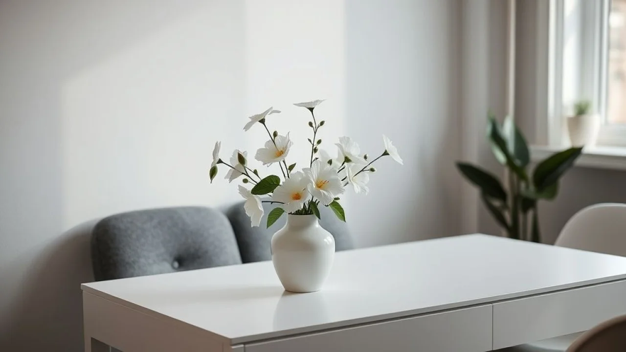 Arranjo minimalista de flores artificiais em mesa de escritório moderno.