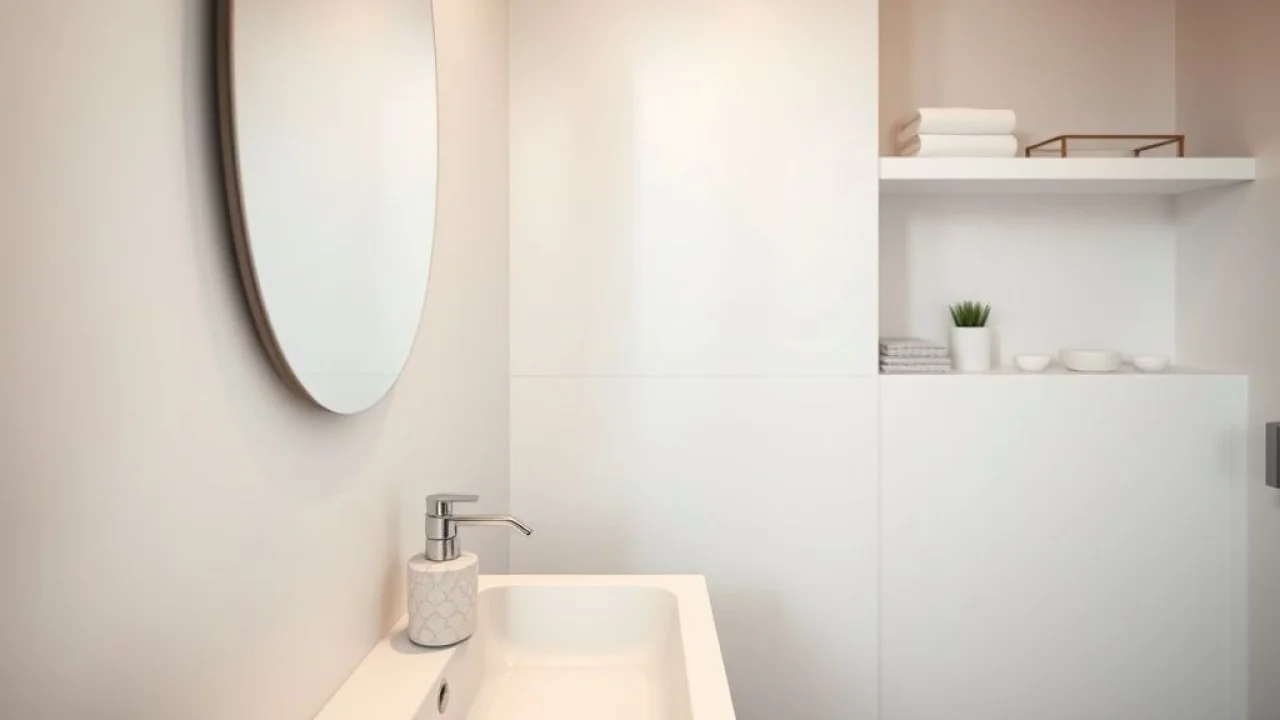 Banheiro minimalista com saboneteira de cerâmica e prateleiras organizadas em apartamento brasileiro.