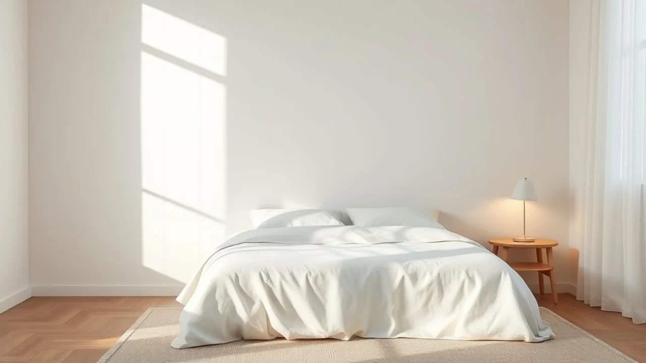 Quarto minimalista com cama confortável, roupa de cama clara e iluminação suave em casa brasileira.