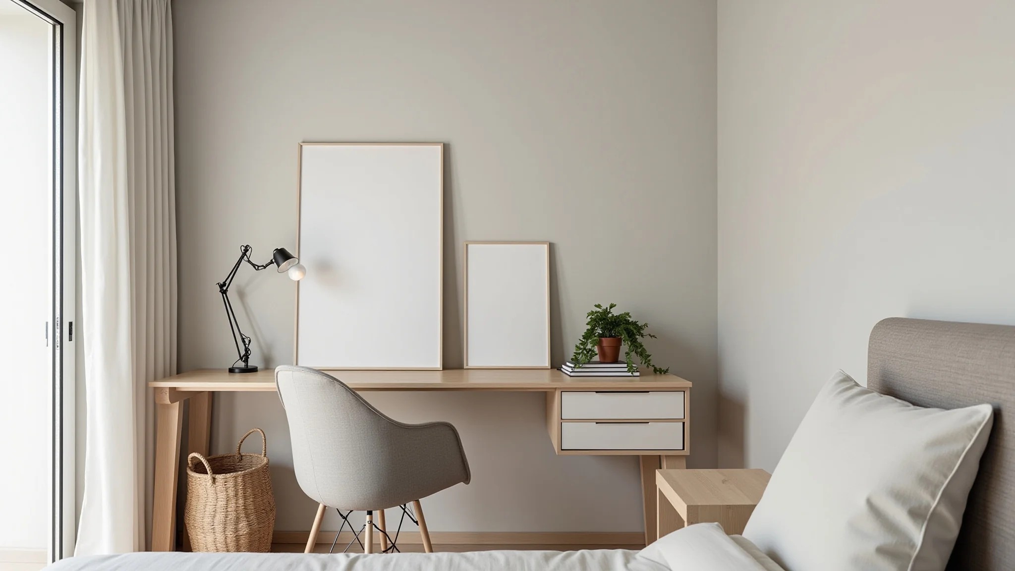 Quarto minimalista com escrivaninha clean, cores neutras e espaço organizado.